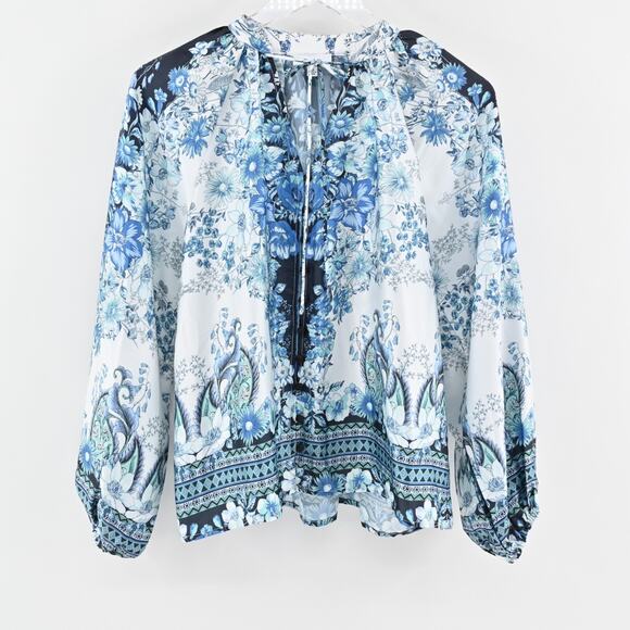 FATE Womens Billow Sleeve Blouse Top Sz S Blue Floral Tie Neck Button Boho Retro - Picture 1 of 12